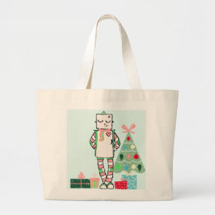 Cute Vintage Pastel Holiday Robot & Tree Large Tote Bag