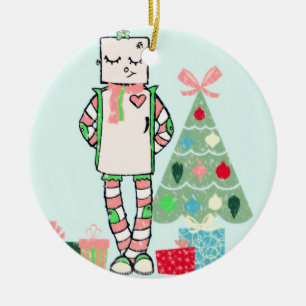 Cute Vintage Pastel Holiday Robot & Tree Ornament