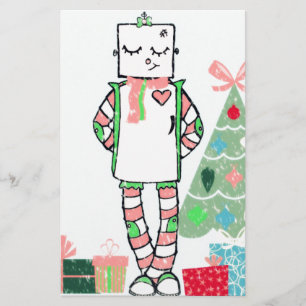 Cute Vintage Pastel Holiday Robot & Tree Stationery