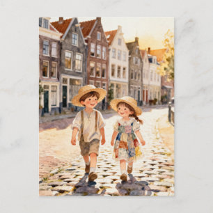 Cute Vintage Patchwork Children Dutch Folk Art Postcard