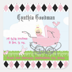 Cute Vintage Pink Baby Girl Carriage Square Sticker