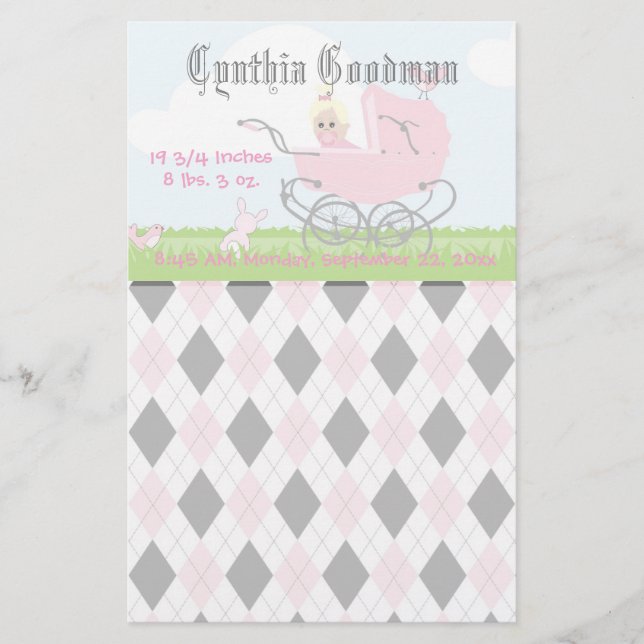 Cute Vintage Pink Baby Girl Carriage Stationery (Front)