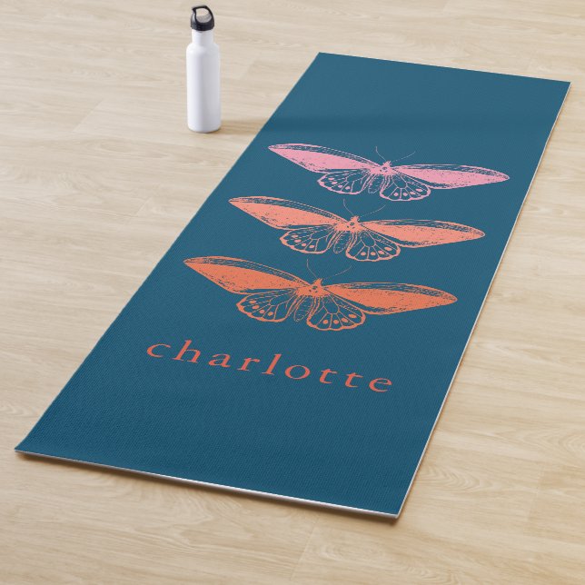 Cute Vintage Pink Butterfly Illustration Yoga Mat (In Situ)