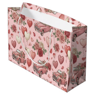Cute Vintage Pink Car & Heart Balloons Pattern Large Gift Bag