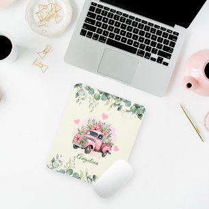 Cute Vintage Pink Floral Green Foliage Truck Mouse Mat