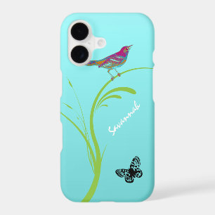 Cute Vintage Pink Swallow Bird Butterfly on Aqua