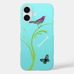 Cute Vintage Pink Swallow Bird Butterfly on Aqua iPhone 16 Case