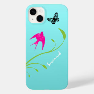 Cute Vintage Pink Swallow Bird Butterfly on Aqua Case-Mate iPhone 14 Plus Case