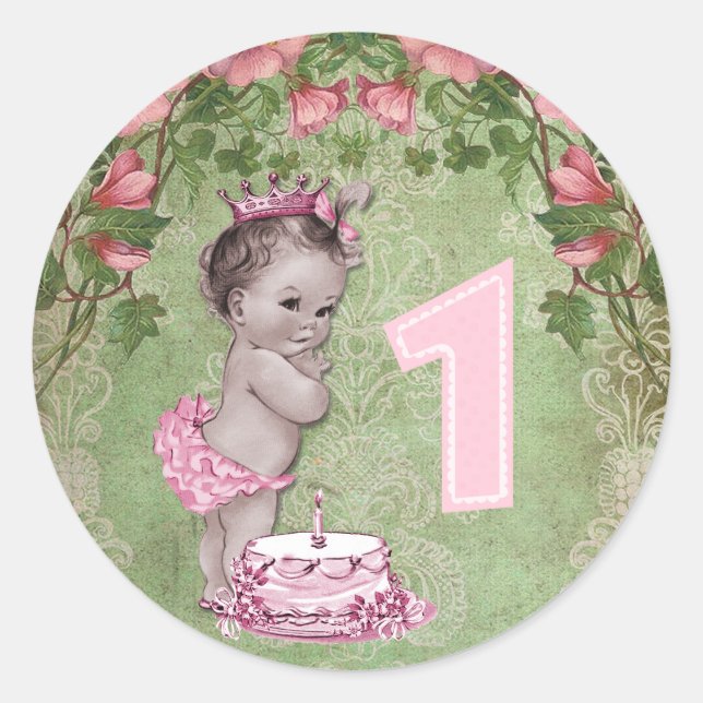 Cute Vintage Princess 1st Birthday Party Classic Round Sticker (Front)
