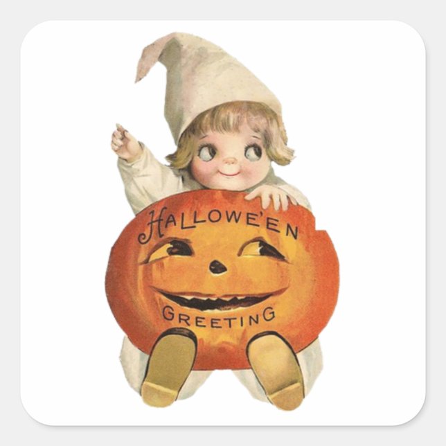 Cute Vintage Pumpkin Halloween Greetings Baby Square Sticker (Front)