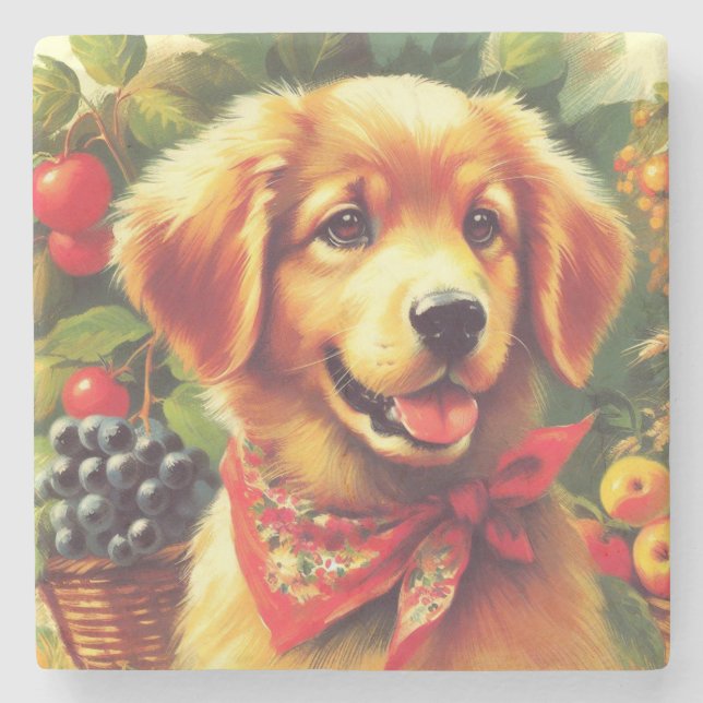 Cute Vintage Puppie Portrait Stone Coaster (Front)