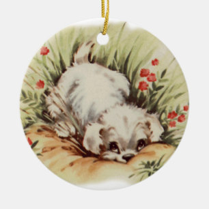 Cute Vintage puppy in grass Ceramic Tree Decoration