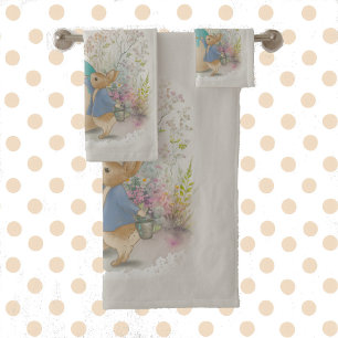 Cute vintage rabbit in a meadow with flowers bath towel set