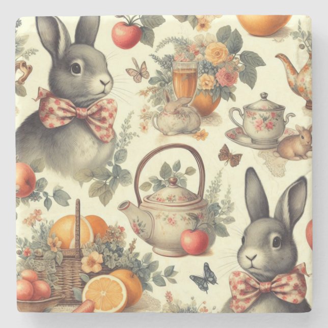 Cute Vintage Rabbit Painting Stone Coaster (Front)