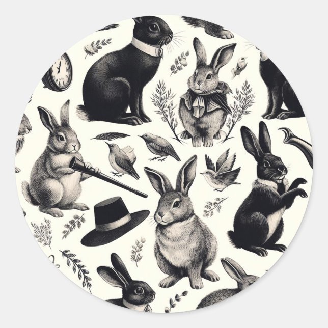 Cute Vintage Rabbit Pattern Classic Round Sticker (Front)