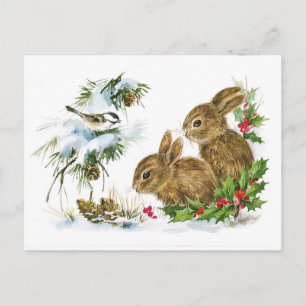 Cute Vintage Rabbits Christmas Scene Holiday Postcard