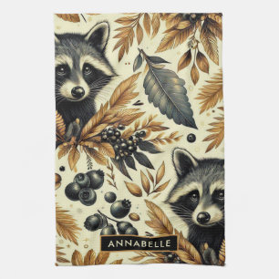 Cute Vintage Racoon Pattern Tea Towel