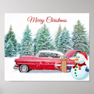 Cute, Vintage, Red Car, Snowman, Christmas Poster