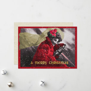 Cute Vintage Red Girl Driving Car  Holiday Card