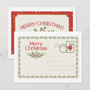 Cute Vintage Red & Green Merry Christmas Postcard