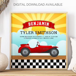 Cute Vintage Red Race Car Baby Birth Stats Poster