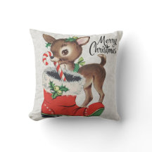 Cute Vintage Reindeer with Candy Cane Pillow