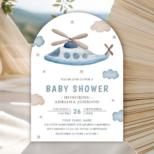 Cute Vintage Retro Blue Helicopter Baby Shower Invitation