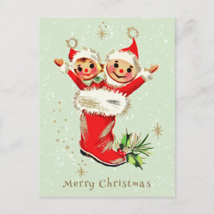Cute Vintage Retro Christmas Elves Sage Green  Holiday Postcard