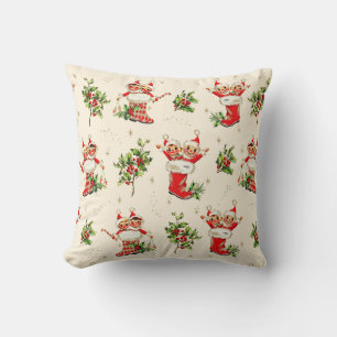 Cute Vintage Retro Christmas Red Green Elves  Cushion