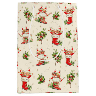 Cute Vintage Retro Christmas Red Green Elves Medium Gift Bag