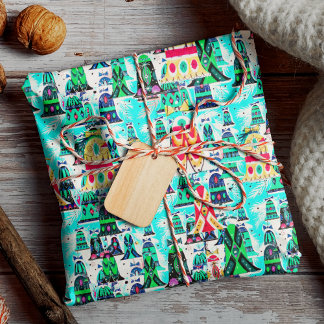 Cute vintage retro colourful bells Christmas aqua Wrapping Paper