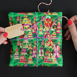 Cute vintage retro colourful bells Christmas green Wrapping Paper