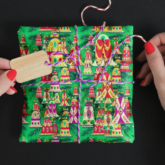 Cute vintage retro colourful bells Christmas green Wrapping Paper