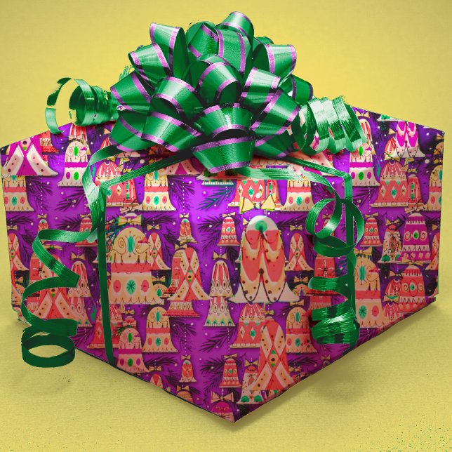 Cute vintage retro colourful bells Christmas purpl Wrapping Paper (Creator Uploaded)