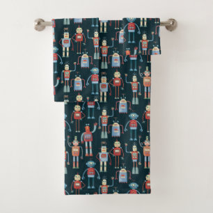 Cute Vintage Retro Robots Dark Bath Towel Set