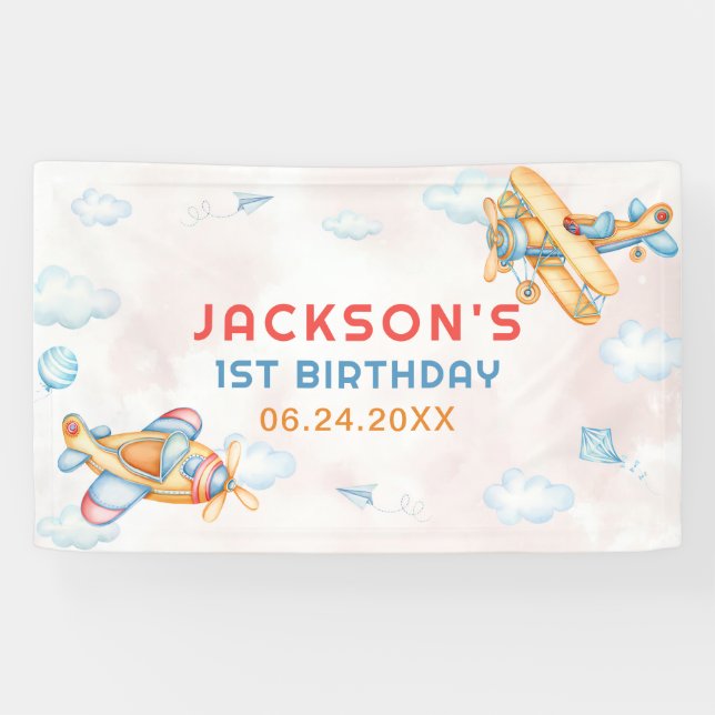 Cute Vintage Retro Yellow Aeroplane 1st Birthday Banner (Horizontal)