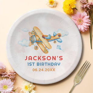 Cute Vintage Retro Yellow Aeroplane 1st Birthday Paper Plate