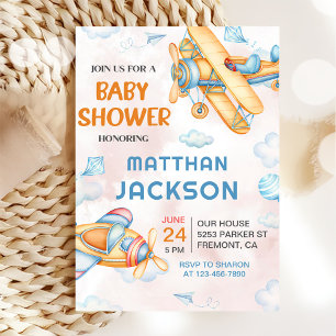 Cute Vintage Retro Yellow Aeroplane Baby Shower Invitation