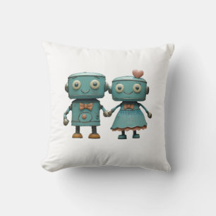 Cute Vintage Robots in Love Couple Art Cushion