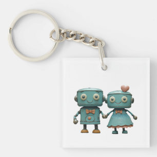 Cute Vintage Robots in Love Couple Art Key Ring