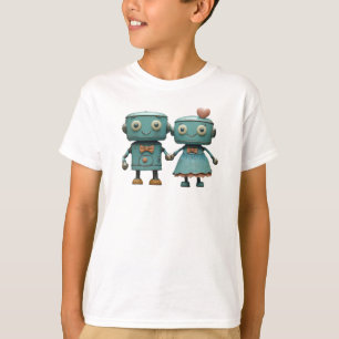 Cute Vintage Robots in Love Couple Art T-Shirt