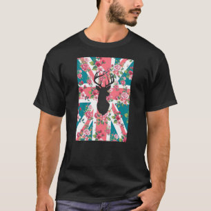 Cute vintage roses U.K. Union Jack Flag deer head T-Shirt