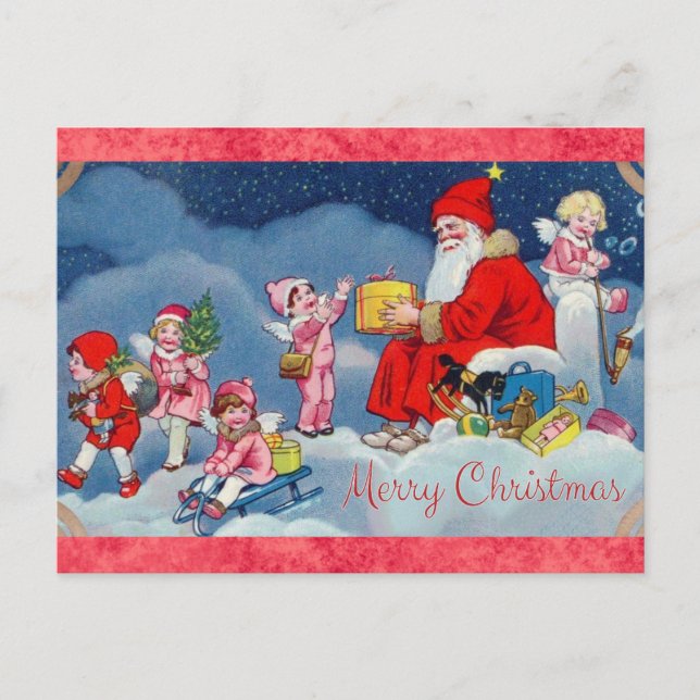 Cute Vintage Santa Angels Christmas Postcard (Front)
