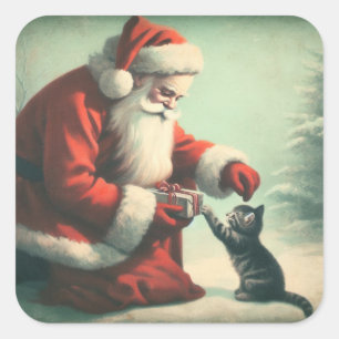Cute Vintage Santa Claus with Kitten  Square Sticker