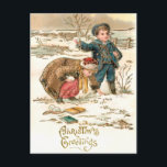 Cute Vintage Schoolchildren Playing in Snow Postcard<br><div class="desc">Cute vintage boy and girl lay down their school books to have a snowball fight. Restored vintage art features gold highlights and Christmas Greetings. Back features complementary graphics and editable text fields.</div>