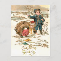 Cute Vintage Schoolchildren Playing in Snow