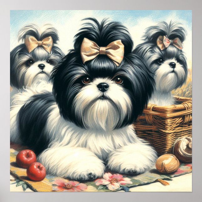 Cute Vintage Shih-Tzu Painting Poster (Front)
