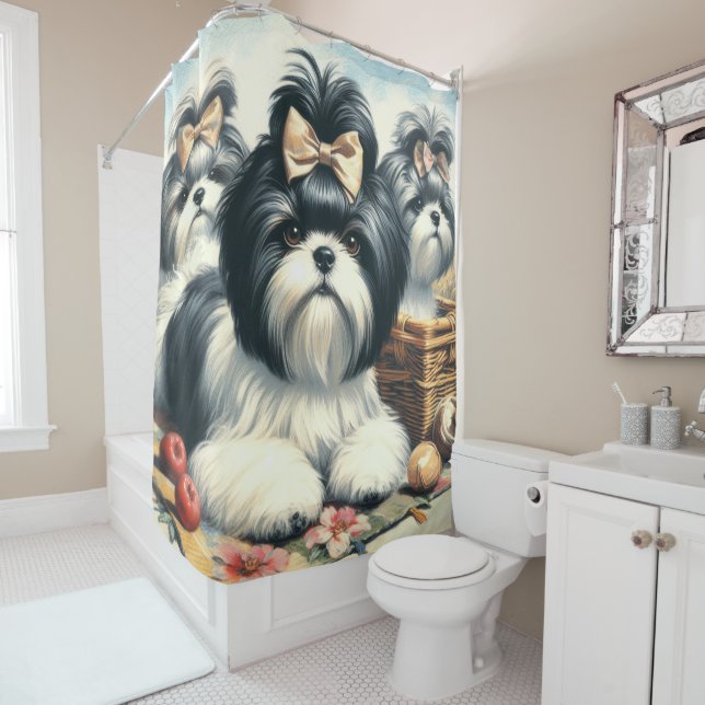 Cute Vintage Shih-Tzu Painting Shower Curtain (In Situ)