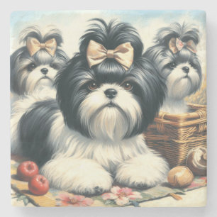 Cute Vintage Shih-Tzu Painting Stone Coaster
