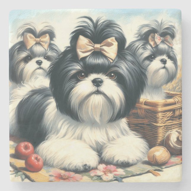 Cute Vintage Shih-Tzu Painting Stone Coaster (Front)